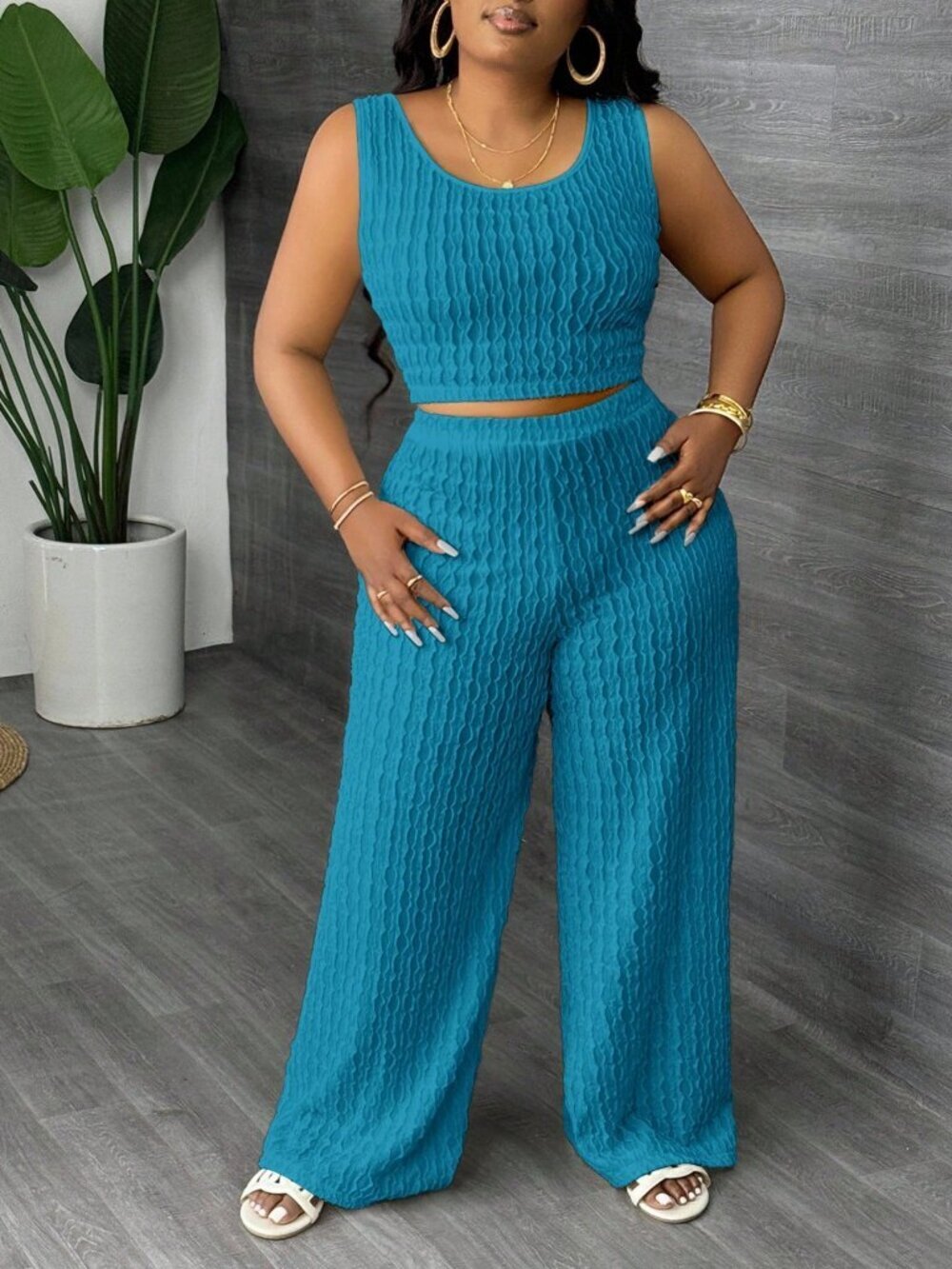 Teal Blue Casual Women's Plus Size Top And Wide Leg Pants - Picture 3 of 5